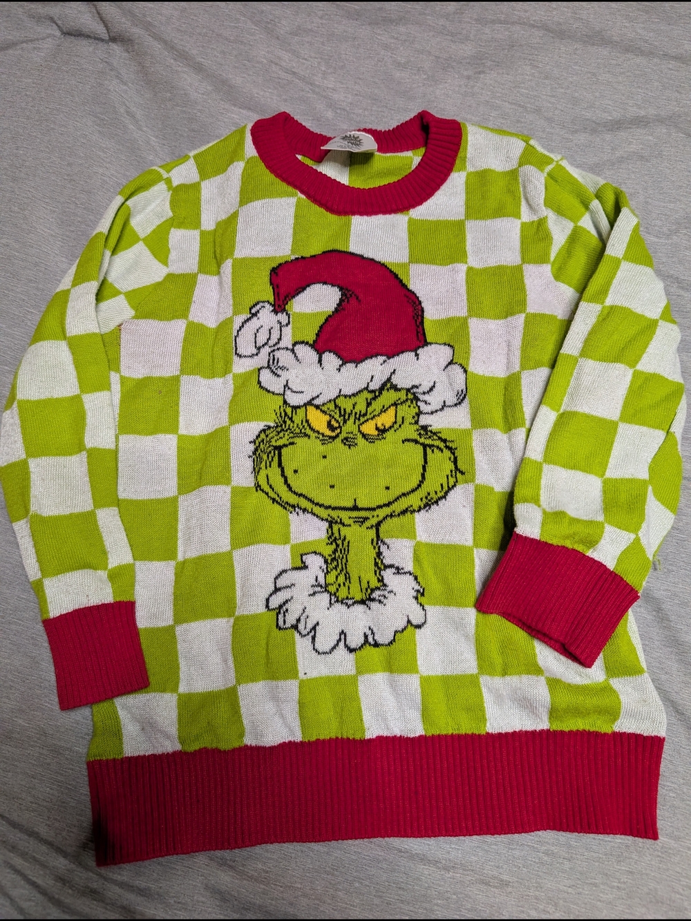 The Grinch Checkerboard Kids Sweater - Green & White with Red Trim
